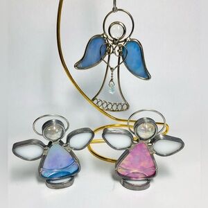 Vintage Lot of 3 Leaded STAINED GLASS ANGEL Christmas Angels ornament 2 Standing